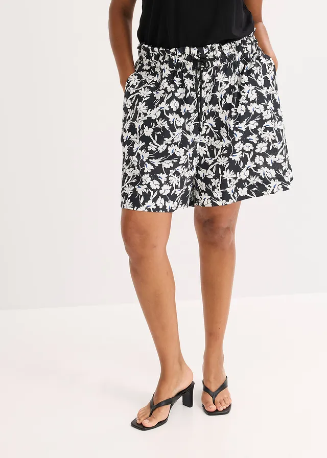 Short en lin majoritaire, Couleur: noir/écru/bleu gentiane floral
