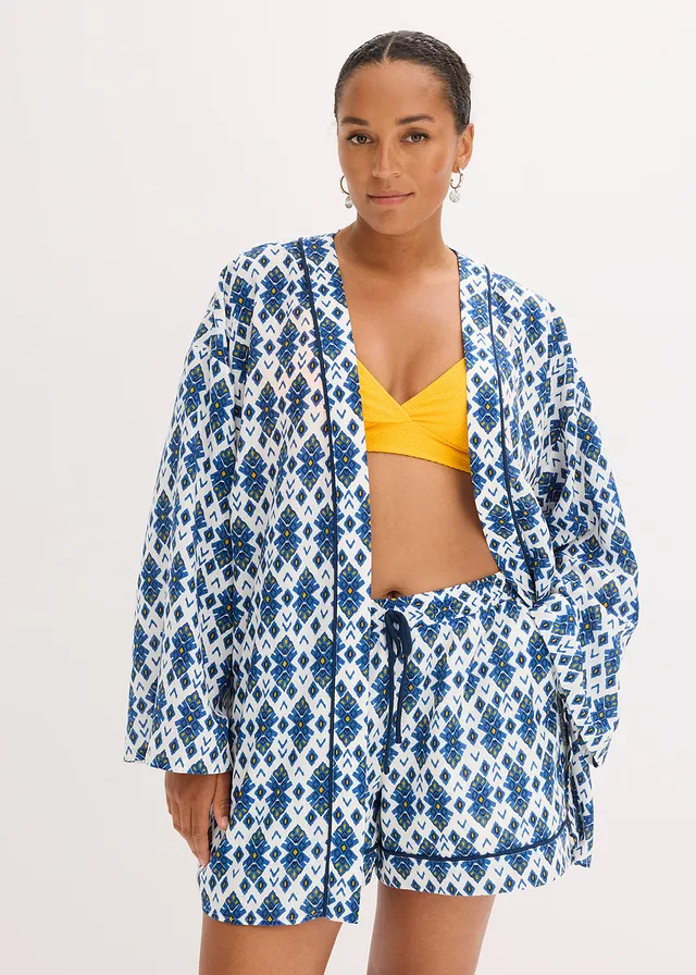 Blouse kimono, Couleur: blanc/bleu imprimé