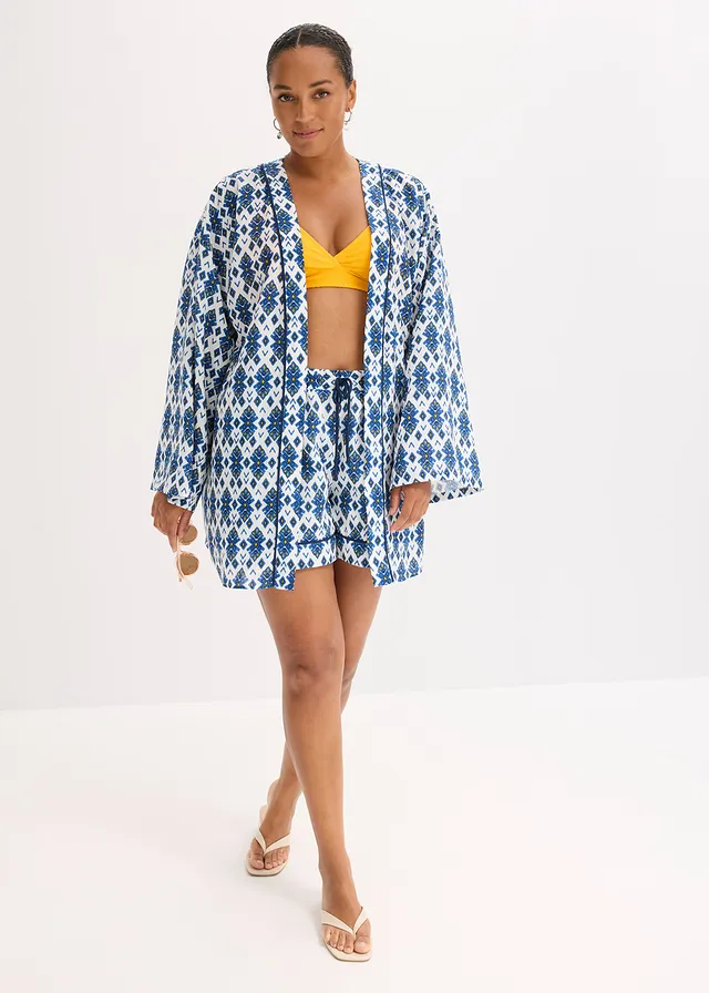 Blouse kimono, Couleur: blanc/bleu imprimé