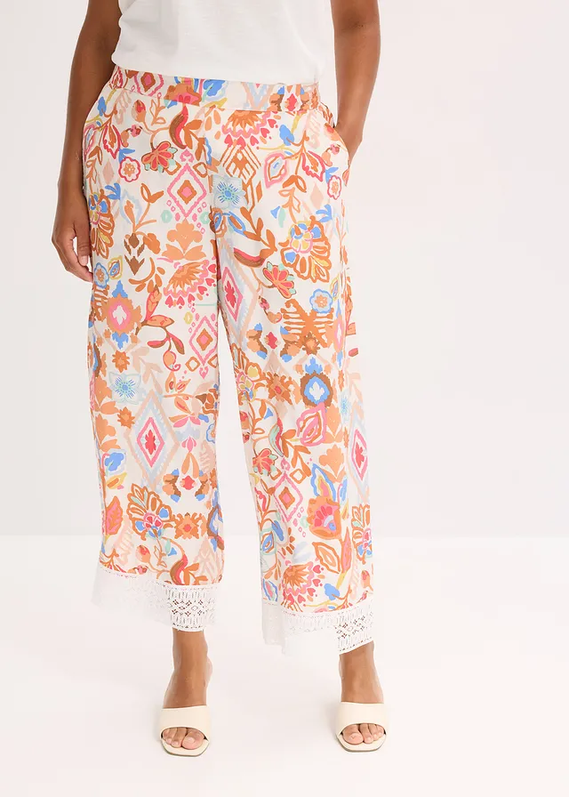 Pantalon avec bordure dentelle, Couleur: écru imprimé