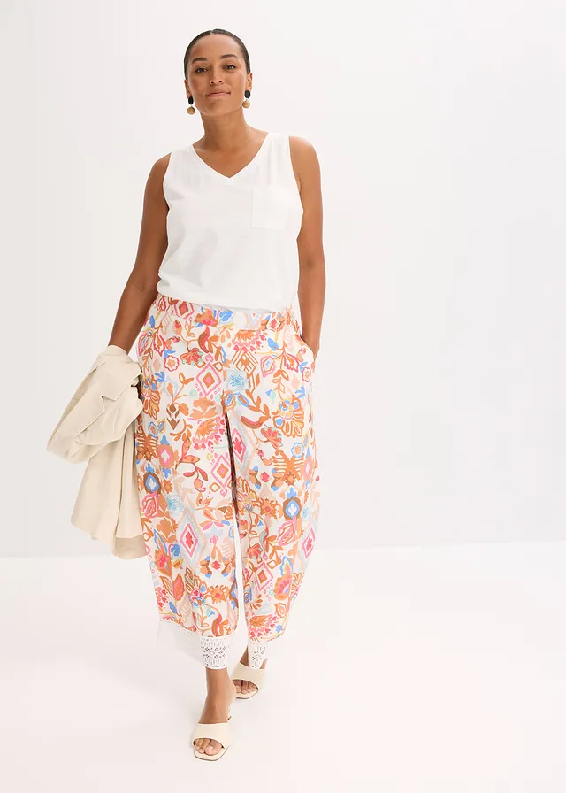 Pantalon avec bordure dentelle, Couleur: écru imprimé