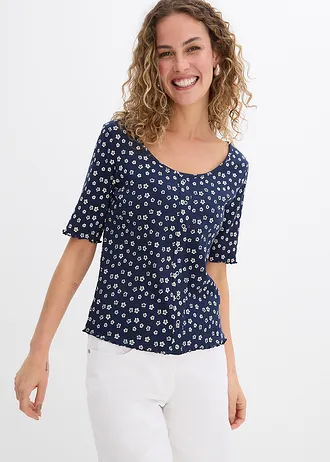 T-shirt côtelé à imprimé floral, manches coude, Couleur: bleu foncé/écru floral