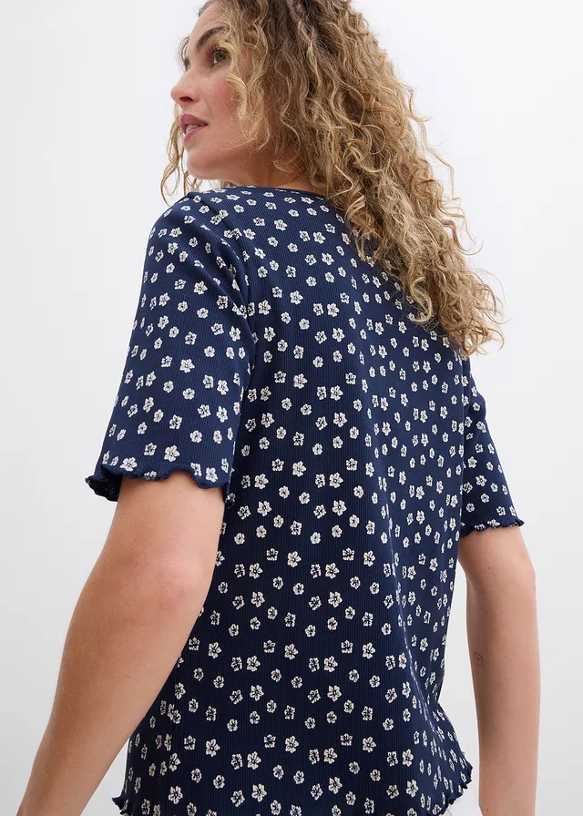 Geribd shirt met bloemenprint, halflange mouw • donkerblauw/wolwit gebloemd • product-page.page-title-suffix