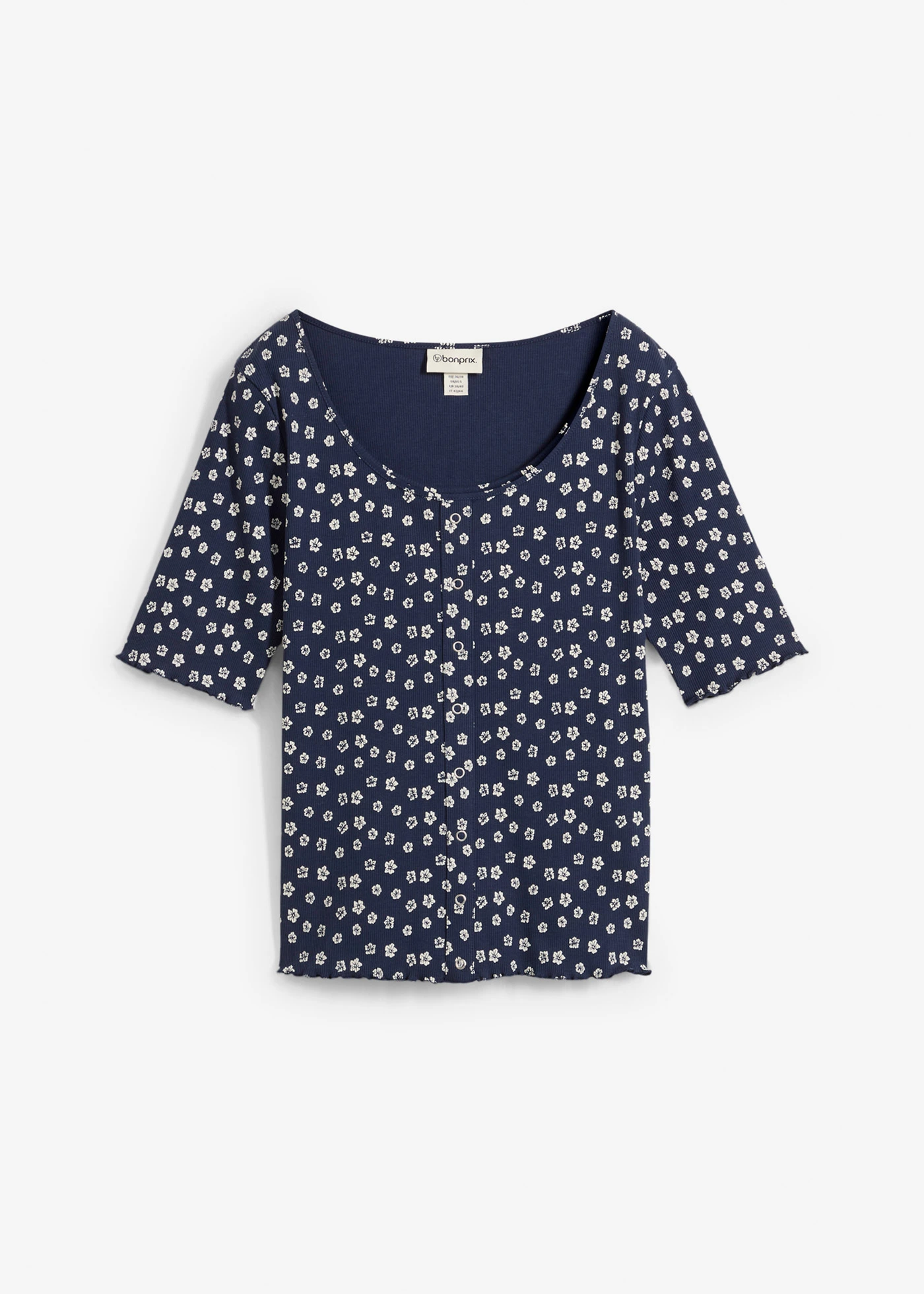 Žebrované tričko s květinovým potiskem, polodlouhý rukáv • tmavě modro-přírodní bílá s květy • bonprix obchod