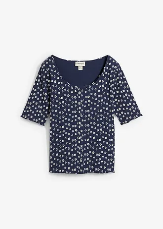 Prążkowany T-shirt z kwiatowym nadrukiem, półdługie rękawy