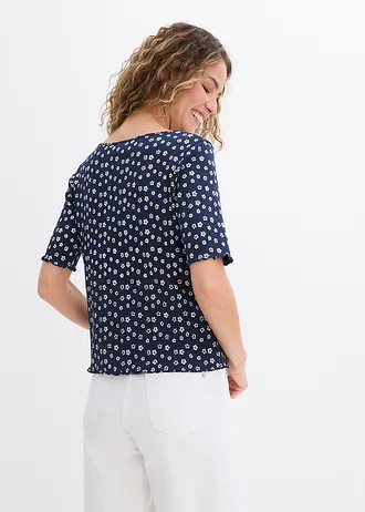 T-shirt côtelé à imprimé floral, manches coude, Couleur: bleu foncé/écru floral