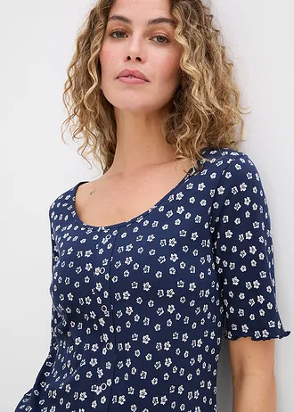 Žebrované tričko s květinovým potiskem, polodlouhý rukáv • tmavě modro-přírodní bílá s květy • bonprix obchod