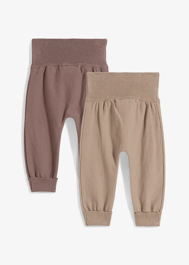 Gebreide baby broek in een katoenmix (set van 2), Kleur: taupe+sandbeige gedessineerd