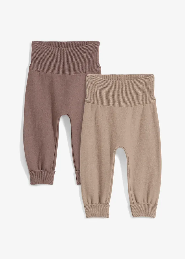 Gebreide baby broek in een katoenmix (set van 2), Kleur: taupe+sandbeige gedessineerd