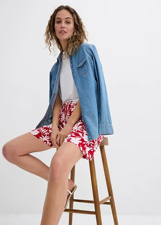 Široké viskózové šortky s pohodlným pasem, High Waist • červená čili-bílá s květy • bonprix obchod