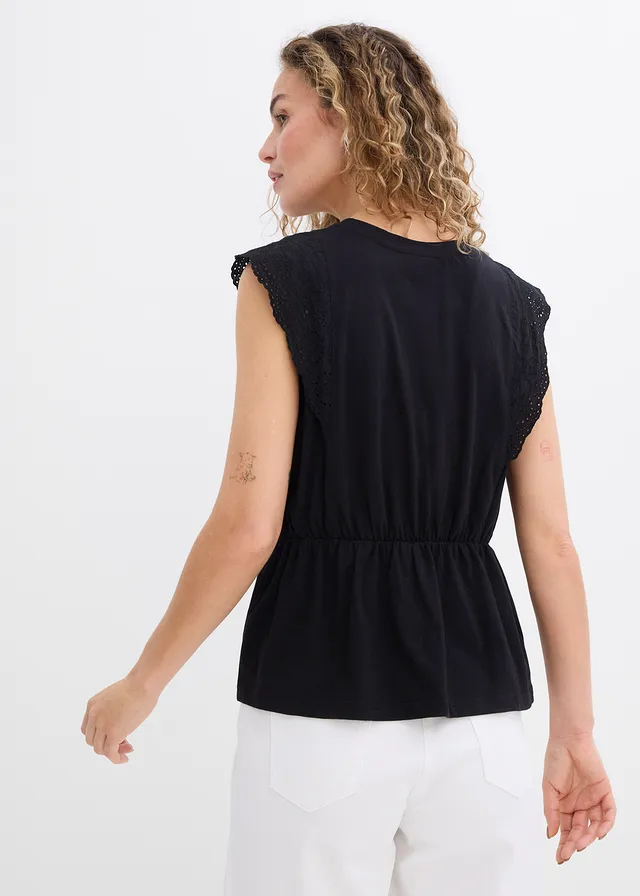 Shirt met broderie anglaise, Kleur: zwart