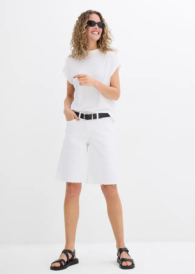 Bermuda à finition effilochée, Couleur: blanc