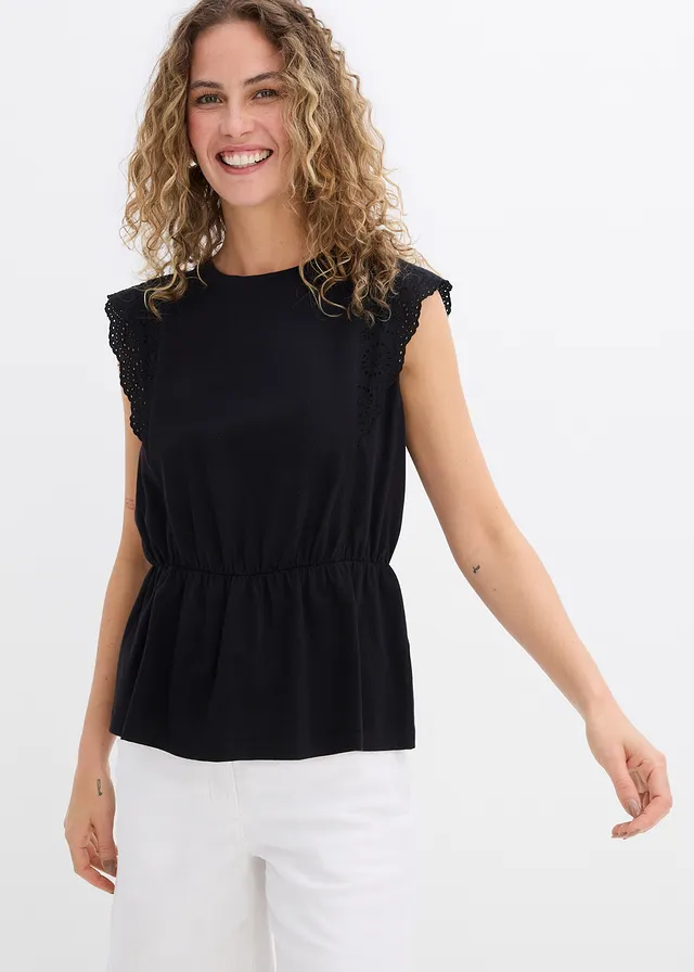 T-shirt avec détails en broderie anglaise, Couleur: noir
