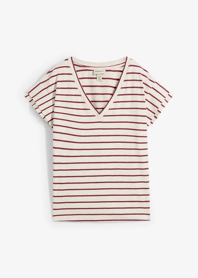 T-shirt rayé à manches volantées, Couleur: naturel/bordeaux rayé