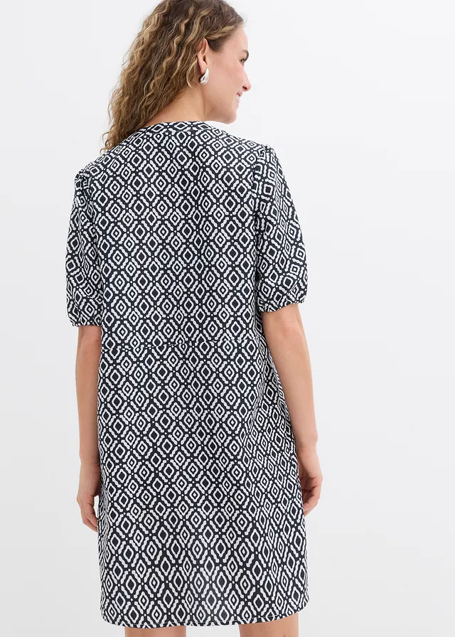 Robe-tunique en viscose fluide, Couleur: noir/écru imprimé