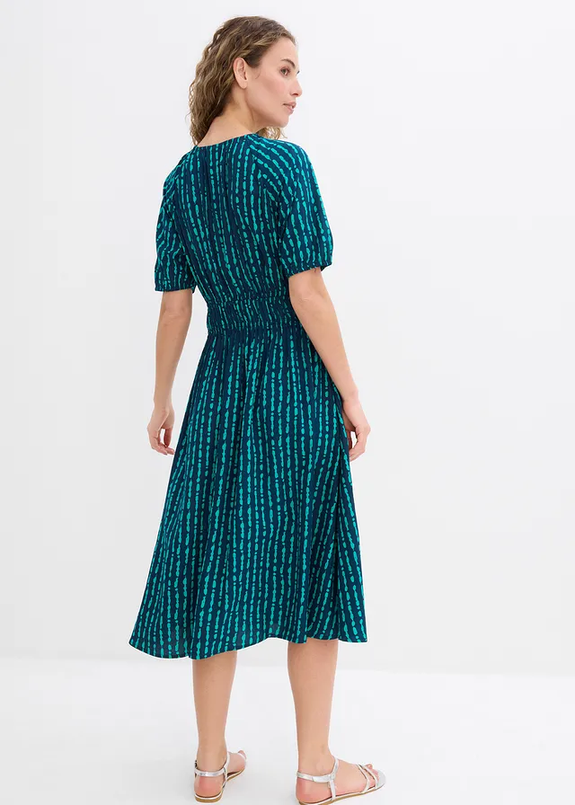 Robe midi en viscose douce, Couleur: bleu foncé/turquoise mat imprimé