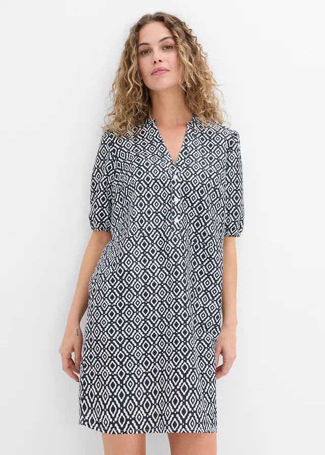 Robe-tunique en viscose fluide, Couleur: noir/écru imprimé