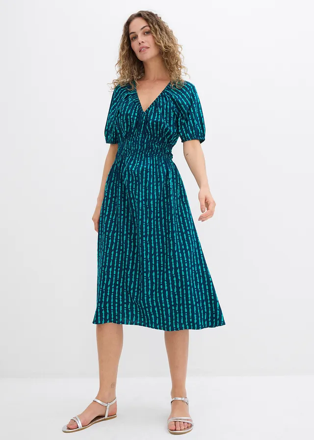 Robe midi en viscose douce, Couleur: bleu foncé/turquoise mat imprimé