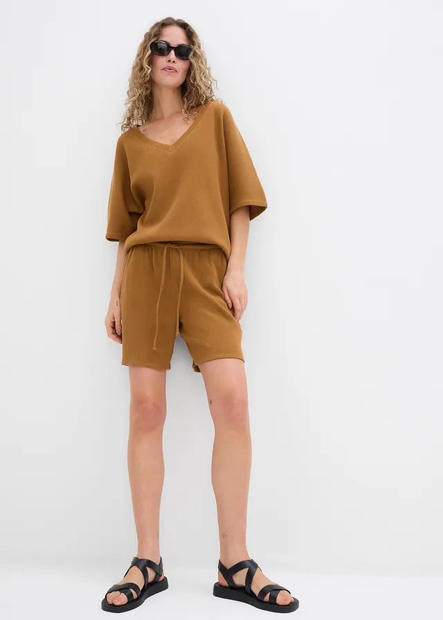 Short texturé 100% coton, Couleur: cognac