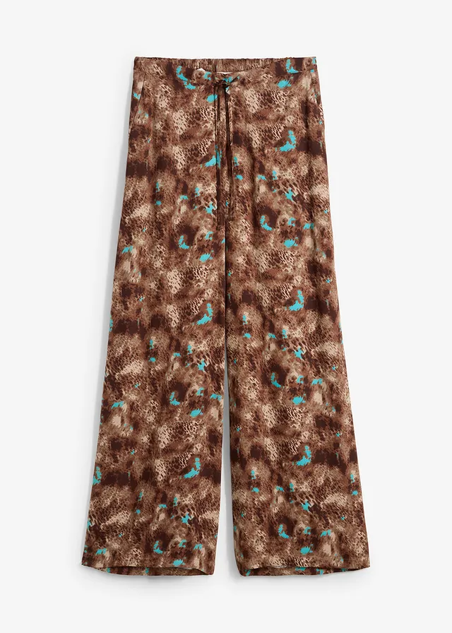 Pantalon taille élastiquée en viscose fluide, Couleur: marron foncé imprimé