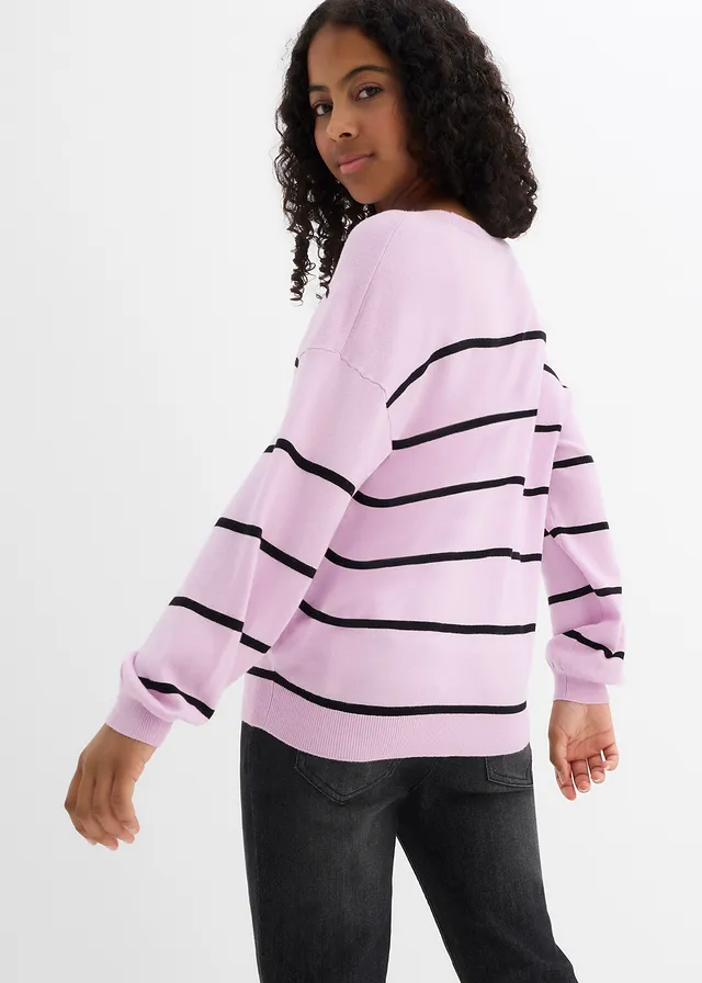 Pull en fine maille de viscose mélangée, Couleur: mauve clair-noir rayé
