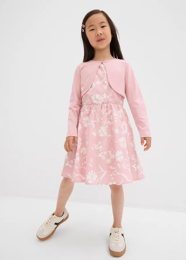 Jurk en bolero van katoen (2-dlg. set), Kleur: asroze-naturel gebloemd