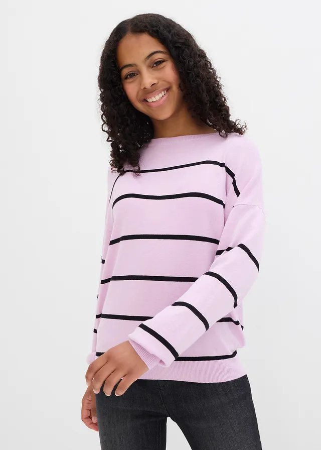 Pull en fine maille de viscose mélangée, Couleur: mauve clair-noir rayé