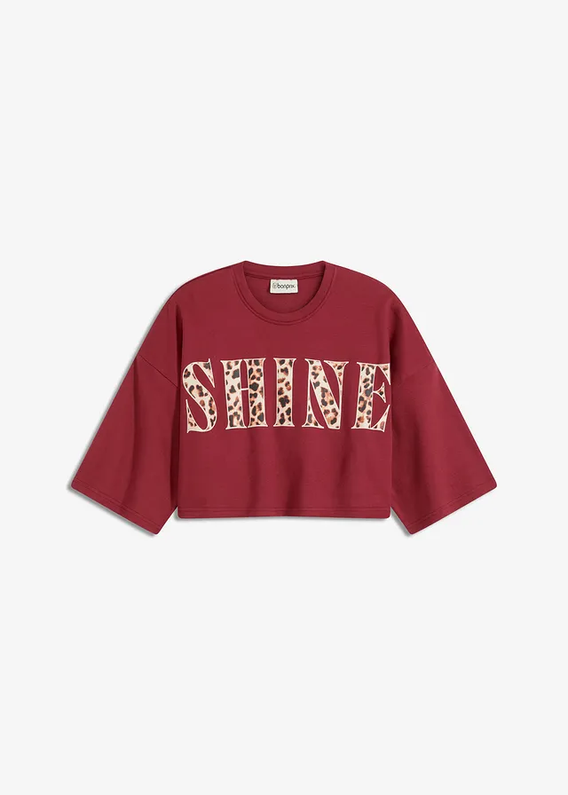 Cropped T-shirt van biologisch katoen, Kleur: pruimrood luipaardprint