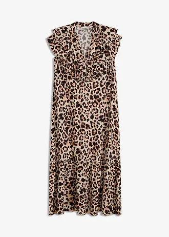 Midi šaty s volány, ze strukturovaného krepu • béžovo-černá s leopardím potiskem • bonprix obchod