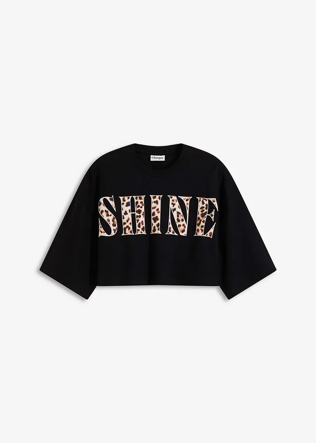 Cropped T-shirt van biologisch katoen, Kleur: zwart luipaardprint