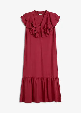 Midi jurk met volants van gestructureerde crêpe, Kleur: pruimrood