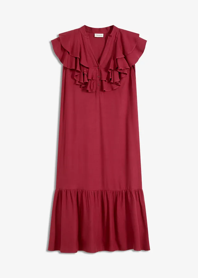 Midi šaty s volány, ze strukturovaného krepu • švestkově červená • bonprix obchod