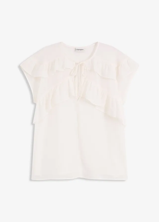 Sifon blúz fodorral • gyapjúfehér • bonprix áruház