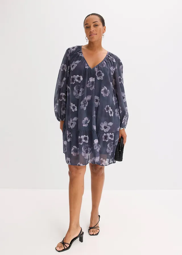 Korte chiffon jurk, Kleur: donkergrijs gebloemd