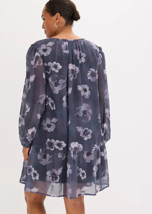 Korte chiffon jurk, Kleur: donkergrijs gebloemd