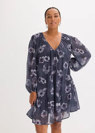 Korte chiffon jurk, Kleur: donkergrijs gebloemd