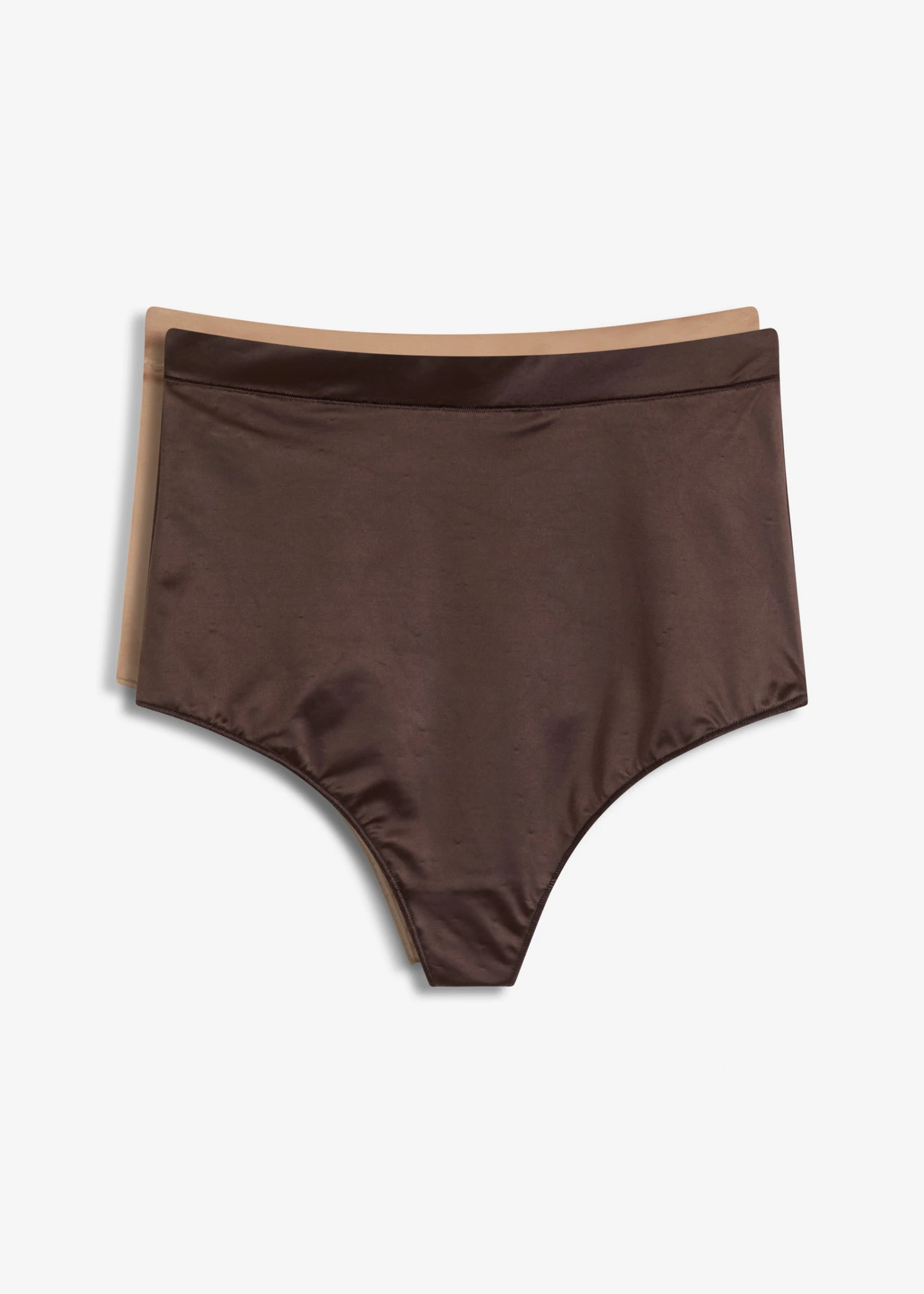 Lot de 2 strings sculptants en matière brillante, maintien léger • marron foncé + camel • Boutique bonprix