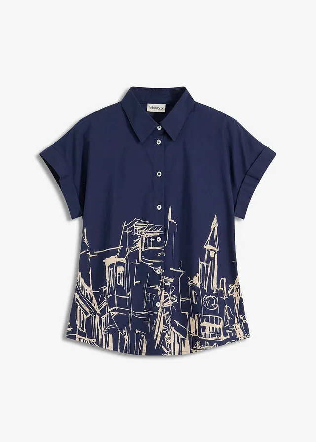 Bluză oversize din poplin de bumbac, cu mânecă scurtă