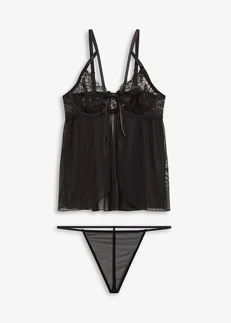 Babydoll a kalhotky tanga (2dílná souprava) • černá • bonprix obchod