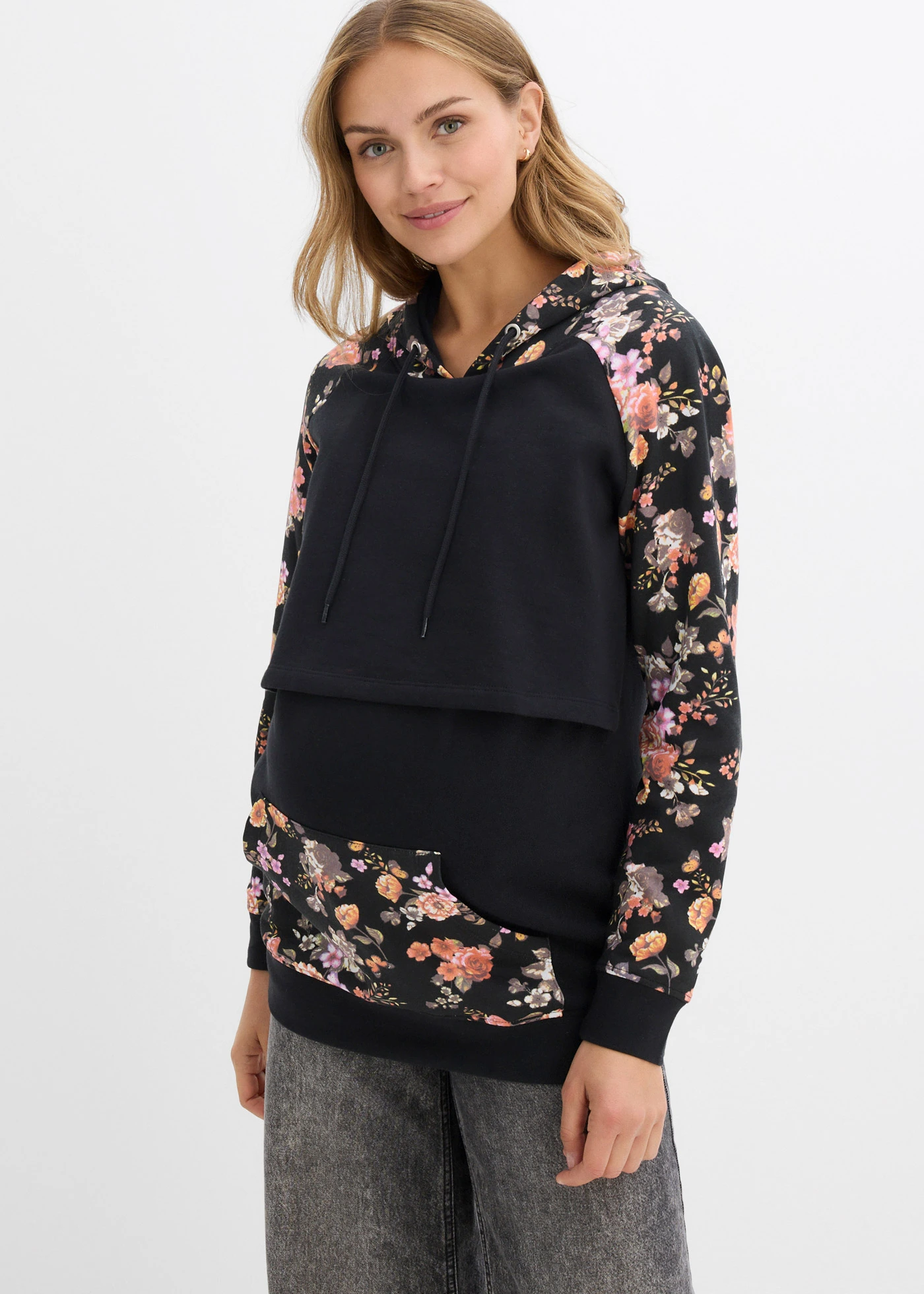 Sweat de grossesse 2en1 avec fonction allaitement • noir à fleurs • Boutique bonprix