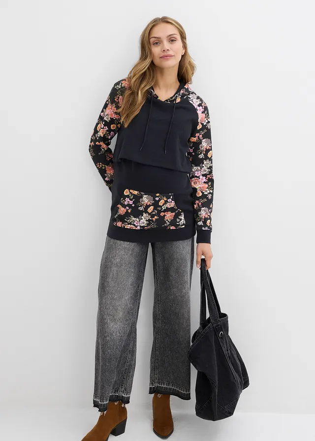 Sweat de grossesse 2en1 avec fonction allaitement, Couleur: noir à fleurs