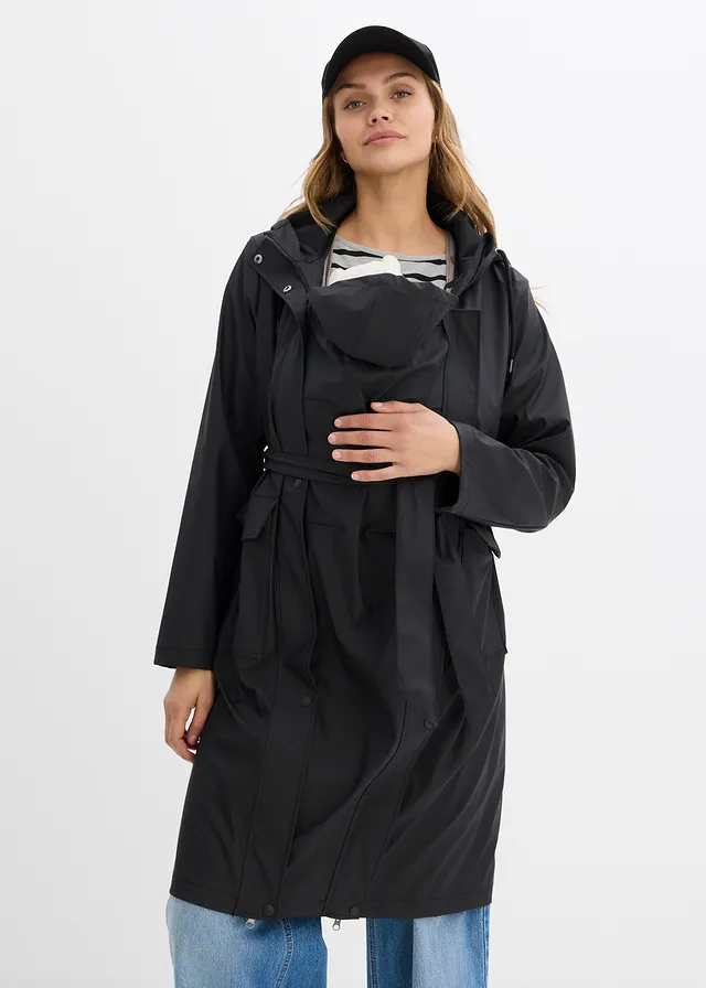 Manteau de grossesse 3 en 1 imperméable et coupe-vent avec fonction portage, deux empiècements, Couleur: noir