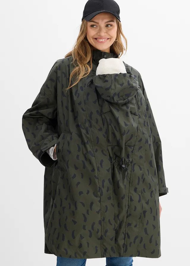 Cape de pluie imperméable pour la grossesse avec empiècement de portage avec pochette, Couleur: olive profond-noir