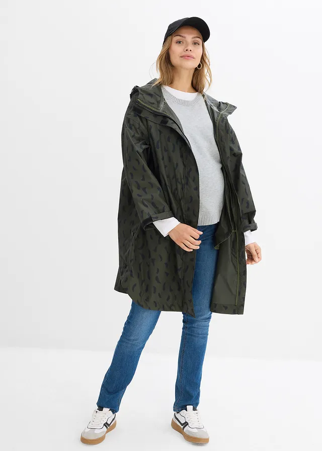 Cape de pluie imperméable pour la grossesse avec empiècement de portage avec pochette, Couleur: olive profond-noir