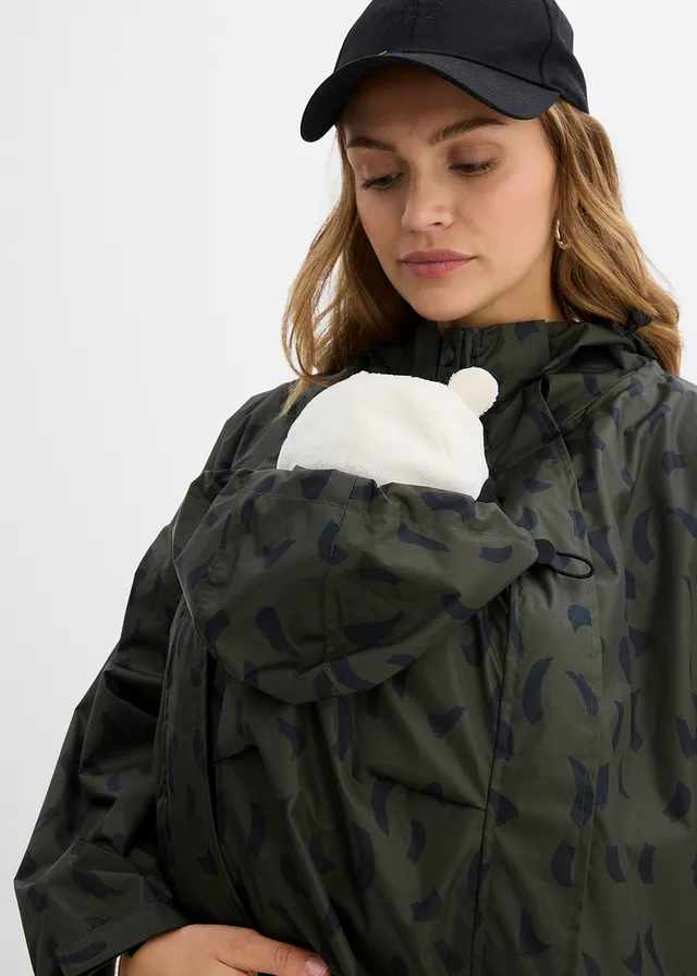 Cape de pluie imperméable pour la grossesse avec empiècement de portage avec pochette • olive profond-noir • product-page.page-title-suffix