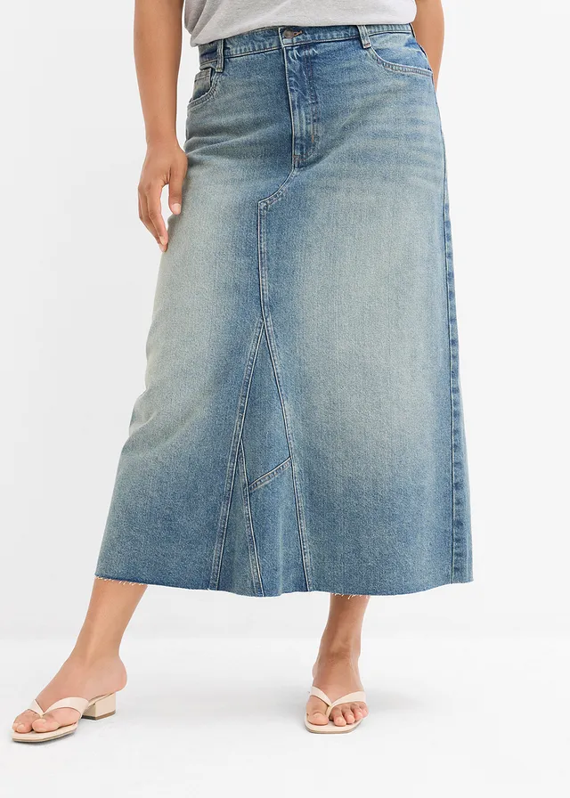 Jupe longue en jean, taille mi-haute, Couleur: bleu clair denim