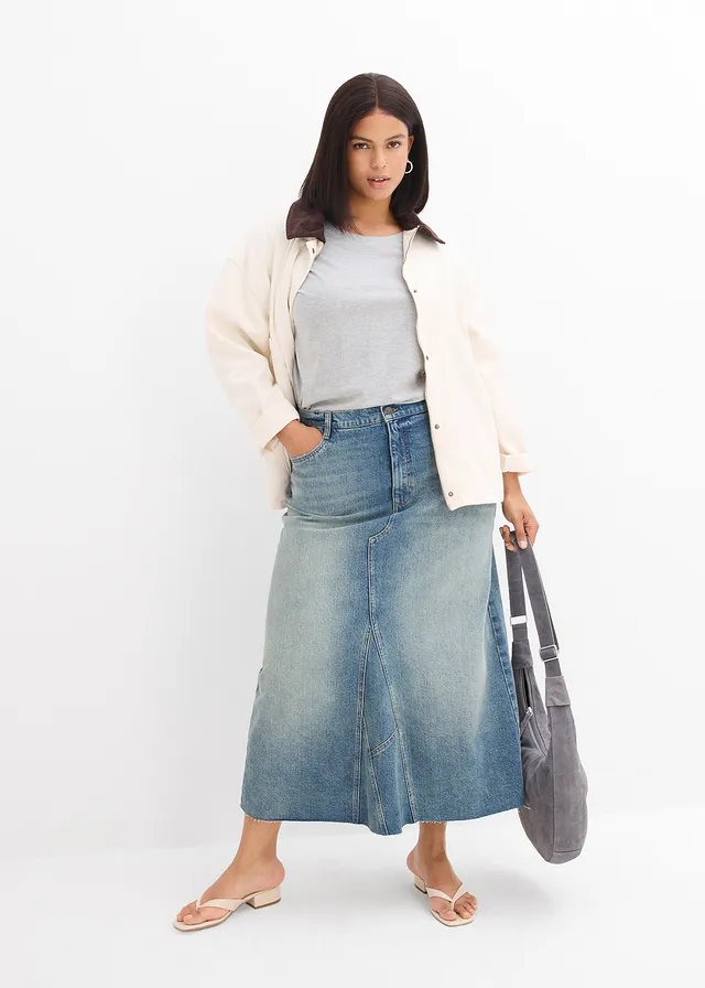 Jupe longue en jean, taille mi-haute, Couleur: bleu clair denim
