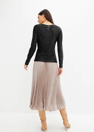 T-shirt manches longues en mesh brillant, Couleur: noir/argenté métallisé