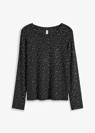 T-shirt manches longues en mesh brillant, Couleur: noir/argenté métallisé