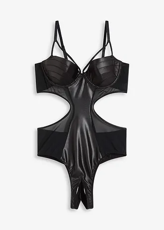Body tanga ouvert z materiálu s mokrou úpravou, barva: černá